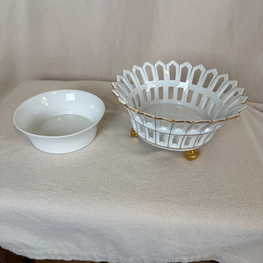 Andrea by Sadek White Gold Reticulated Footed Bowl with Liner 6704 Made in Japan